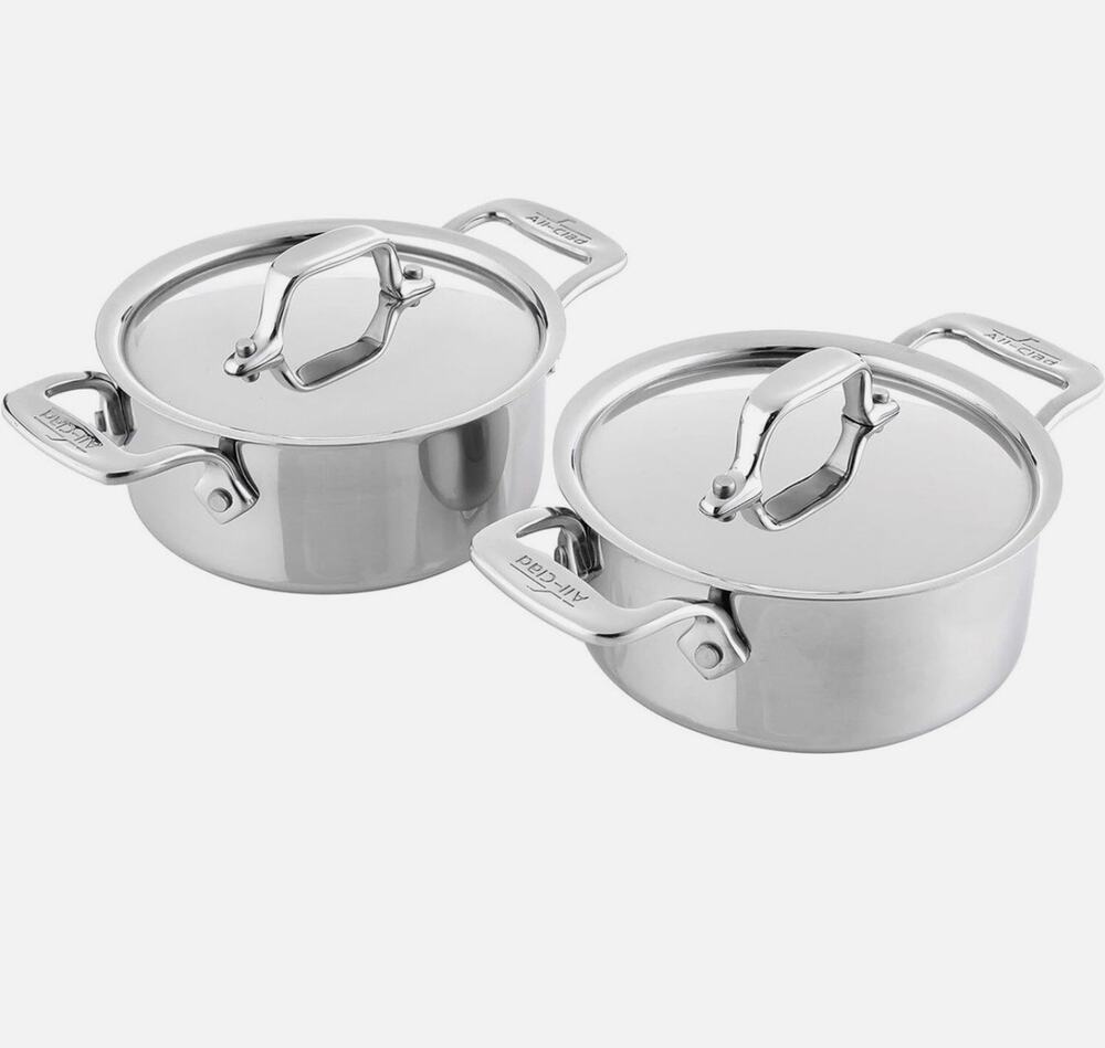 Two ALL CLAD Stainless Steel 1/2 QT. Cocotte with Lids. New. Lifetime Warranty
